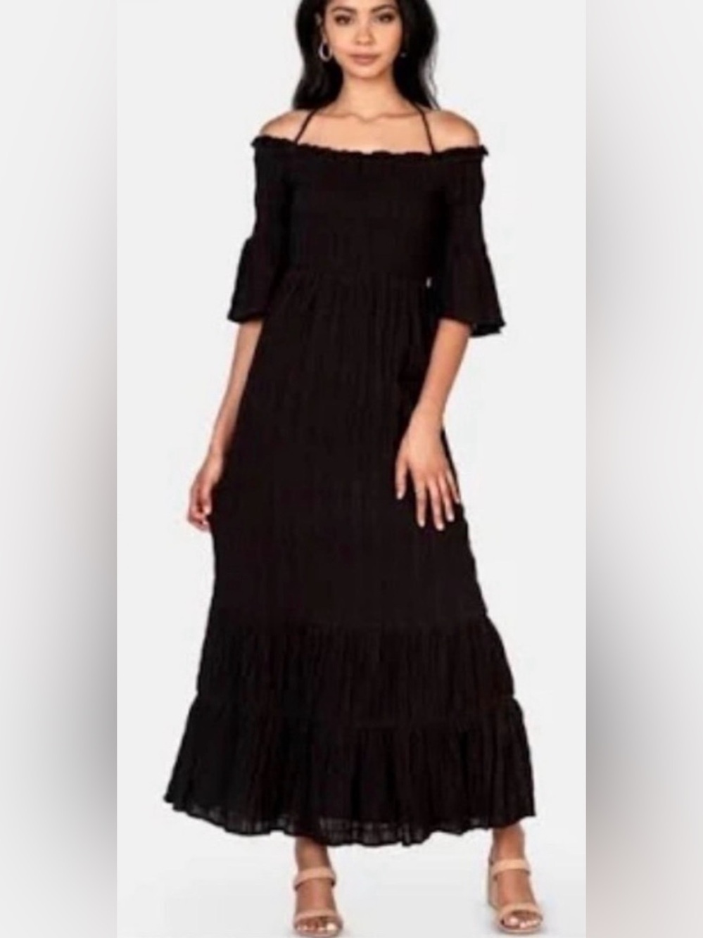 LOST+WANDER Aria Smocked Off Shoulder Prairie Maxi Dress Sz LG Ruffled Sleeves